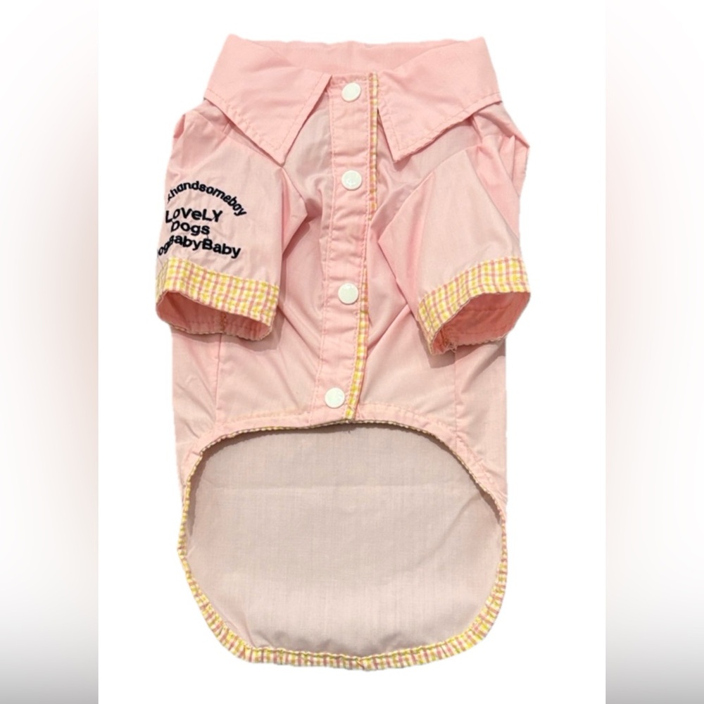 NWOT Pink Pet Shirt with Embroidered Sleeve & Checkered Trim
